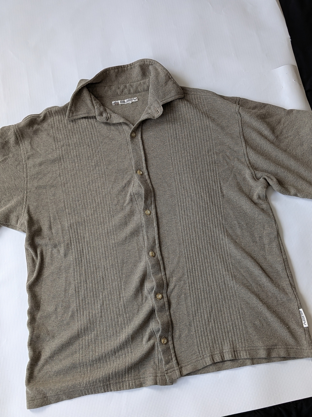 Rusty Surfboards Ribbed Knit Button Down Shirt Olive Grey